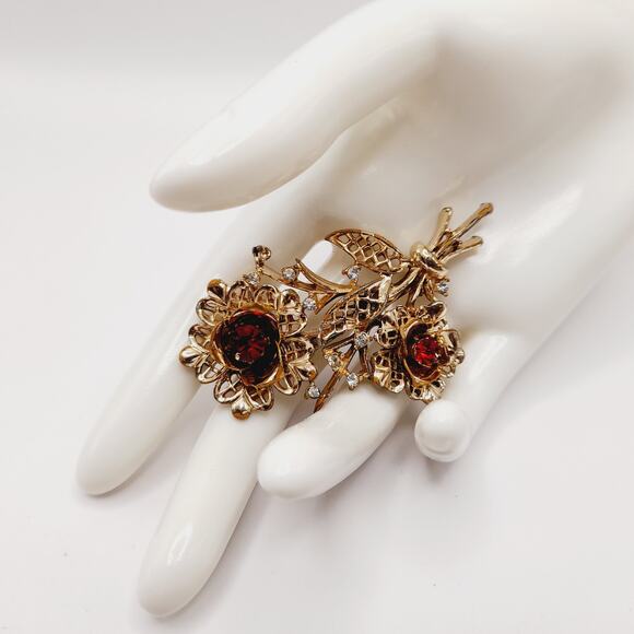 Vintage Floral Bouquet Brooch, Red Clear Rhinestones, Gold Tone, 2 3/4 Inches - Picture 2 of 7